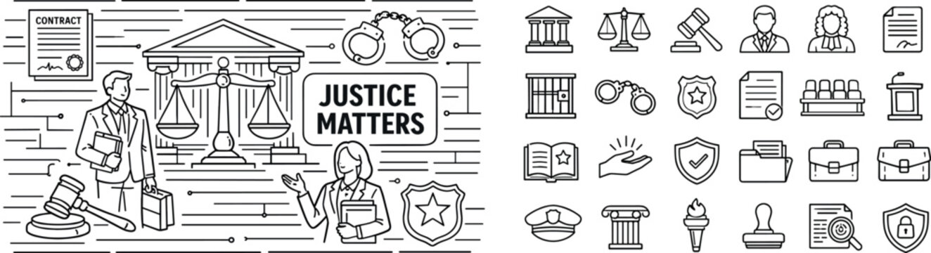 Legal and justice system icons and illustrations depicting law and order concepts