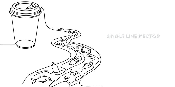 Continuous line art of a coffee cup and a polluted river with plastic waste and dead fish
