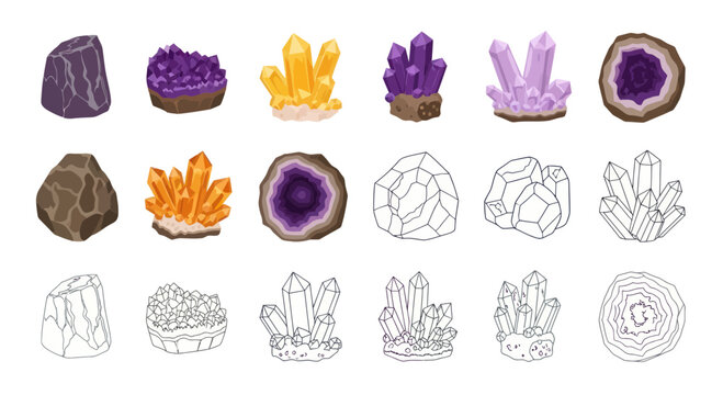 Collection of Natural Crystals and Geodes, Hand-Drawn Style Vector Illustrations