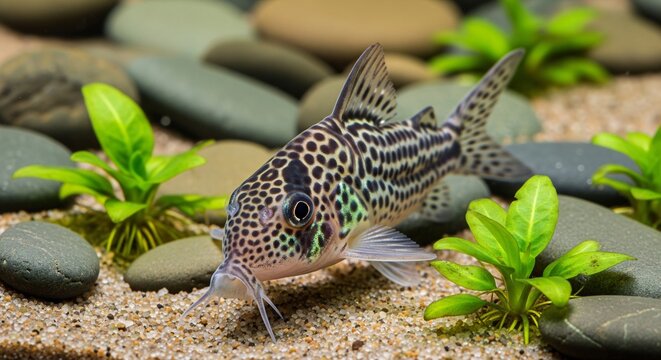 Spotted Corydoras Catfish in Freshwater Aquarium with Plants