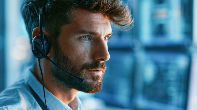 Call center operator wearing headset microphone in control room, customer support and dispatch communication concept