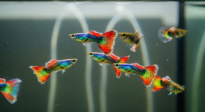 School of Beautiful Multi-Colored Fancy Guppies in Tropical Aquarium