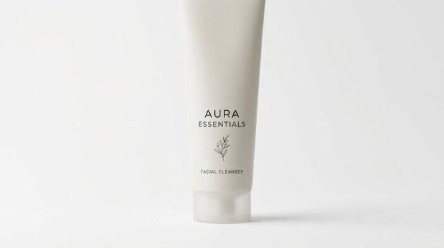 "Aura Essentials Facial Cleanser in White Matte Squeeze Tube, Luxury Organic Skincare Product Mockup on White Background, Ultra-Realistic 8K Minimalist Beauty Photography."