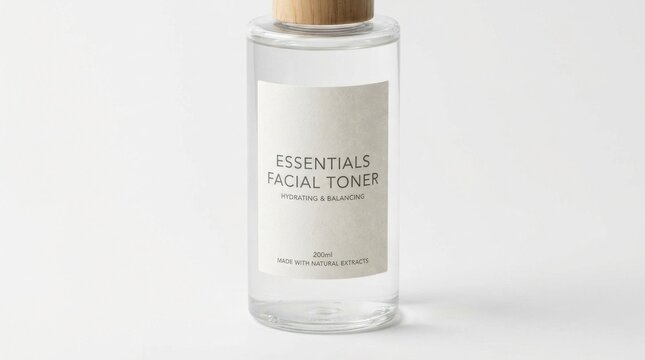 "Essentials Facial Toner in Clear Glass Bottle with Wooden Cap, 200ml Natural Extract Skincare Mockup on White Background, Ultra-Realistic 8K Minimalist Beauty Photography."