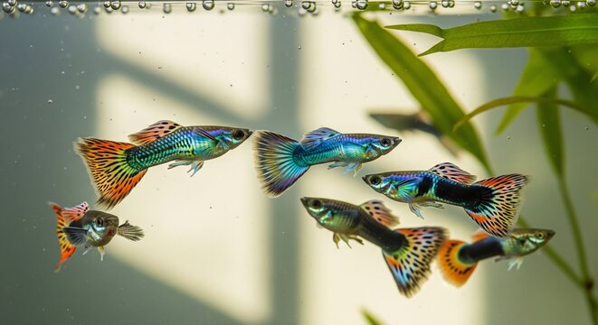 Vibrant School of Neon Guppies in Freshwater Fish Tank with Plants