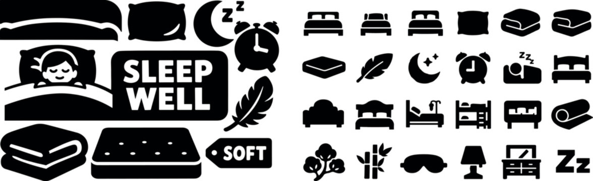 Collection of sleep and bedding icons for a restful night's sleep