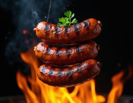 Grilled cevapcici sausages stacked mid-air with herb garnish. Bright orange flames rise beneath them. Dark background highlights juicy, smoky meat.