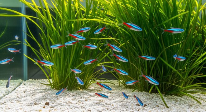 School of Neon Tetra Fish Swimming in Lush Green Planted Aquarium
