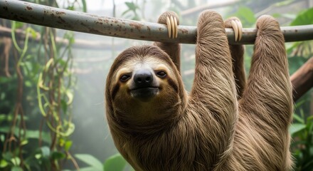 Fototapeta premium Smiling Brown Sloth Hanging on a Metal Pole in Lush Misty Jungle