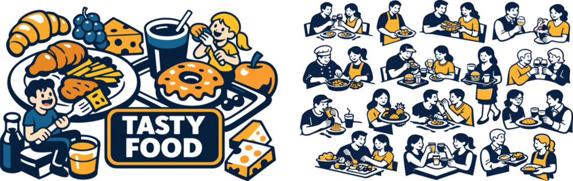 Diverse group of people enjoying various delicious meals and drinks together