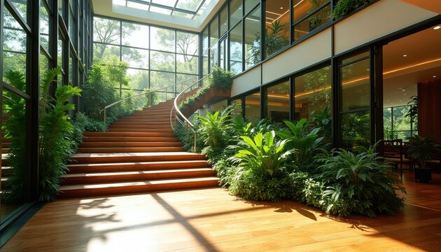 Spacious house interior atrium with grand wooden staircase, abundant green plants. Sunlight shines through large glass windows, skylight creating calm atmosphere. Modern home architecture connects