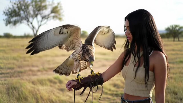A young woman with dark hair and beige crop top in a vast golden field holds a powerful hawk spreading its wings, bathed in soft golden hour light. Delicate balance with nature
