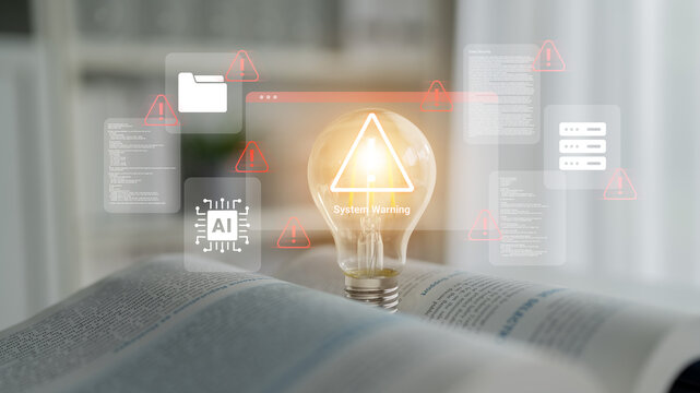 A glowing light bulb symbolizes innovation while surrounded by digital warnings and data visuals, highlighting the intersection of technology and knowledge in modern environments. Cyphers