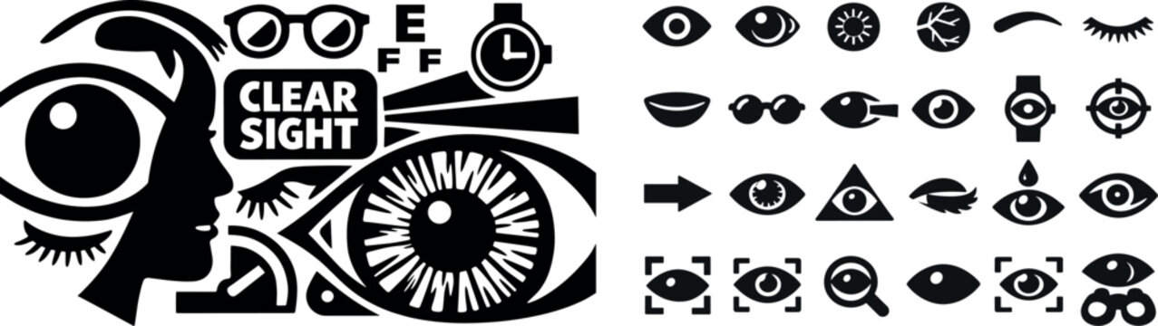 Collection of eye and vision symbols, including optometry and ophthalmology icons