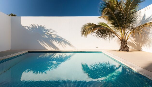 a serene image of a palm tree casting a shadow on a white wall and a pool the soft light and calming colors create a peaceful atmosphere