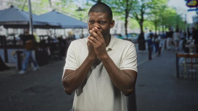 Man covering mouth with hands on crowded street market stalls and canopy tents and pedestrians; anxiety vulnerability hesitation.
