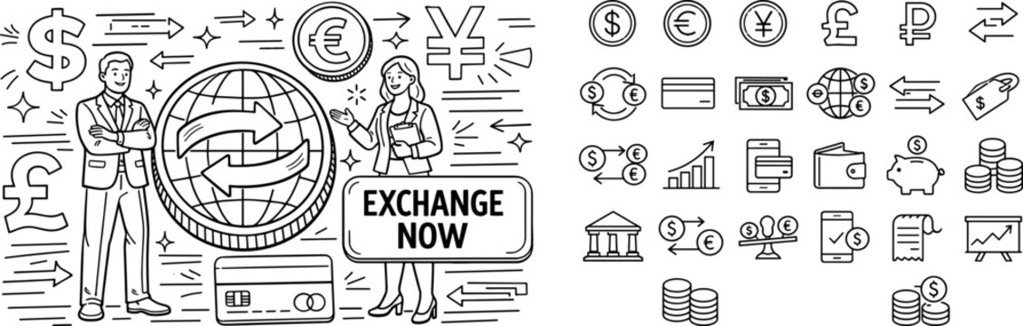Financial exchange services with global currency symbols and business people