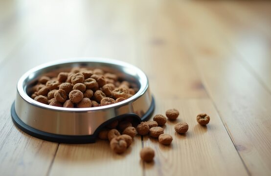 Close-up of dog kibble in a metal bowl on a wooden floor. Some pieces spilled around the dish, indicating mealtime for a pet. Nutrition for domestic animals is important for their health and wellness.