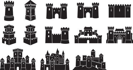 Obraz premium Medieval Castle Fortress and Citadel Silhouettes for Historical Icon Design