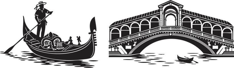 Venetian Gondola and Rialto Bridge Silhouettes for Venice Italy Travel Design © ShamimReza