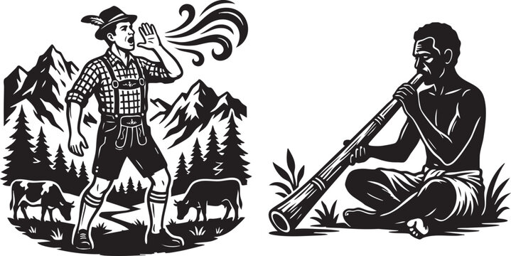 Traditional Folk Music and Cultural Communication Silhouettes of Yodeling and Didgeridoo