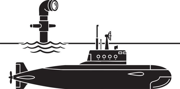 Submarine and Periscope Vector Silhouettes on Waterline for Marine Technology Icons
