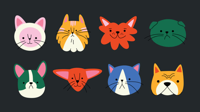 Cute animal pets heads with different emotions in comic cartoon style. Dogs and cats characters in doodle groovy style. Bright set of zoo avatars icons for decor and design. Vector flat stickers.