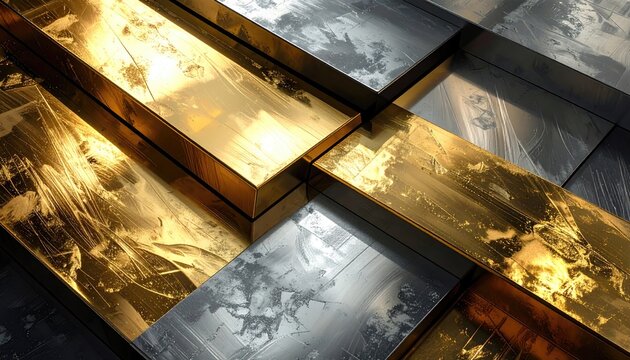 Gleaming gold and silver abstract tiles with textured reflections create a luxurious mosaic