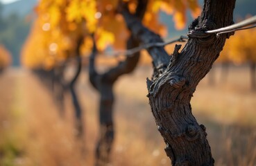 Naklejka premium Gnarled grape vine trunk in autumn vineyard. Golden leaves blur background. Old weathered wood texture. Rural farm landscape detail. Peaceful countryside scene.
