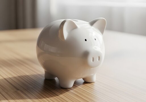 A ceramic piggy bank, a common symbol of saving money and financial planning, rests on a wooden surface illuminated by soft light, suggesting prudent financial management