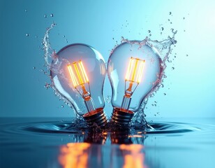 Fototapeta na wymiar Two glowing light bulbs collide in water splash against blue gradient background. Dynamic burst of liquid creates energy, sparks new brilliant ideas and innovation.