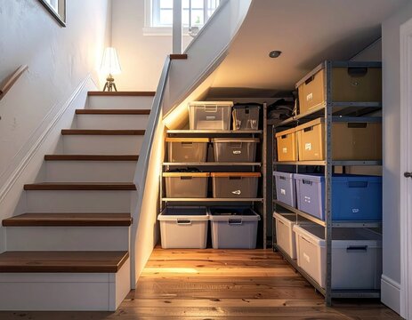 Organized storage under stairs with metal shelving units and plastic bins, home decluttering solution, tidy closet space, interior organization
