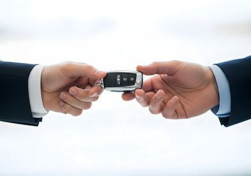 A business professional in a dark suit extends a set of car keys to another individual, symbolizing the transfer of vehicle ownership and the culmination of a successful transaction