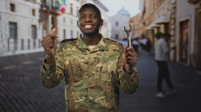 Soldier holding wrench and making a finger pinch gesture on a cobblestone street with blurred pedestrians and buildings; pride duty.