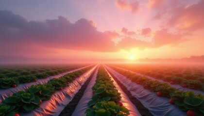 Naklejka premium Strawberry field at dawn with soft pink sky and mist over fresh green rows. Sun rises with warm light creating peaceful agricultural landscape. Ripe red berries visible on plants.