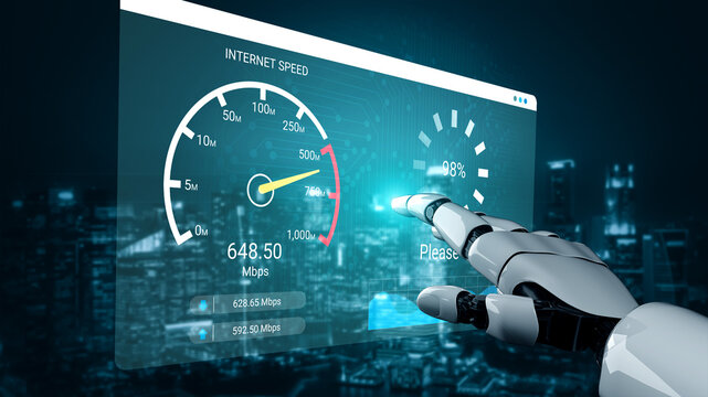 A robot hand reaches out to interact with an internet speed monitor, showcasing impressive data rates in a futuristic cityscape background for a tech-inspired theme. Ledger