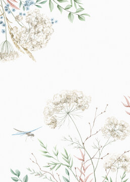 Watercolor vintage summer composition card with various wildflowers and dragonfly on pчaper texture. Hand drawn illustration sketch