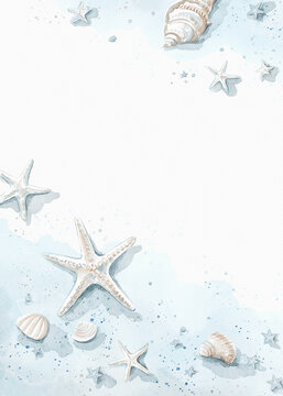 Watercolor vintage composition of  ocean variety of blue shells and starfish on paper texture. Hand drawn illustration sketch