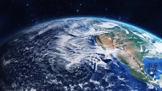 Cinematic Animation Zooming Into Planet Earth From Outer Space Showing Continents And Atmosphere