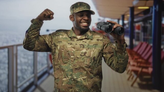Man soldier holding binoculars with raised fist on building deck, smiling while scanning the horizon and standing in camouflage uniform; pride duty.