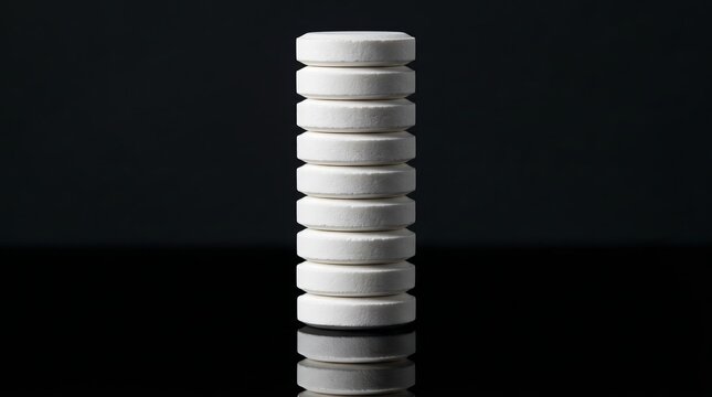 Round white pills stacked in perfect tower on black reflective surface, minimalist pharmaceutical