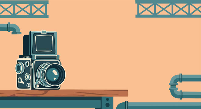 Vintage TLR Camera Illustration, Retro Photography Equipment, Flat Graphic Art, Digital Design.