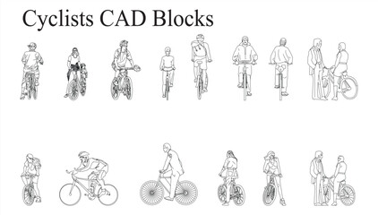 Collection of cyclists cad blocks in various riding poses for architectural drawings with outdoor activity © NeuraPix Studio