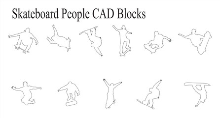 Skateboard people cad blocks in action poses for urban and youth oriented architectural designs with plan view © NeuraPix Studio