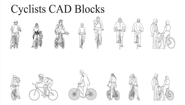 Collection of cyclists cad blocks in various riding poses for architectural drawings with outdoor activity