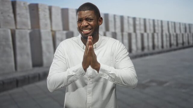 Man in white shirt with pressed palms praying gesture on street by stacked concrete blocks; hopeful prayer.