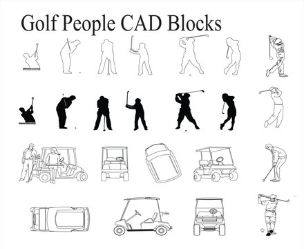 Golf people and carts cad blocks collection for sports and landscape architectural design with design elements