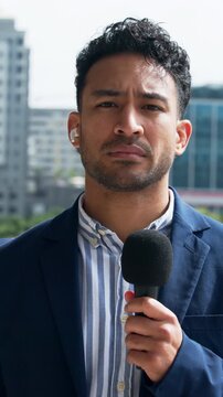 Face, reporter and man with mic, outdoor and urban infrastructure for expansion, nervous or speaker. Employee, presenter or person with broadcasting, breaking news or announcement for global headline