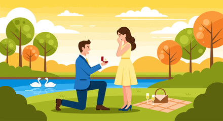 Romantic outdoor proposal with engagement ring and picnic in a park setting with swans on a lake © Puji