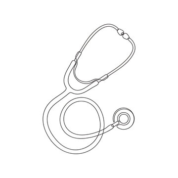 Minimalist continuous line art drawing of a medical stethoscope isolated on transparent background
